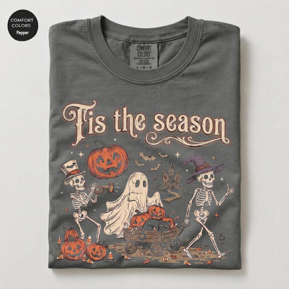 Retro Skeleton & Pumpkin Halloween T-Shirt, S Tee For Women